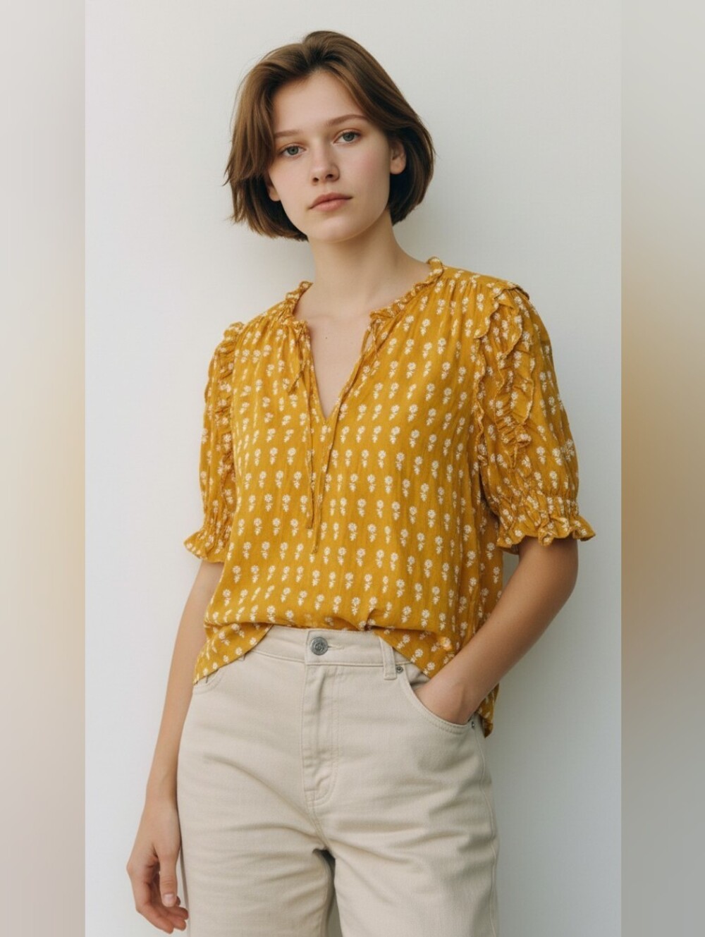 J.Crew Women's Mustard Floral Ruffle Sleeve Blouse